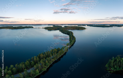 Aerial drone view of Punkaharju nature reserve and its famous ridge road in Savonlinna  Finland.