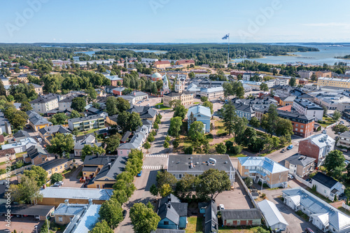 Skyline of the old town of Hamina in Finland in Summer. Aerial drone view.