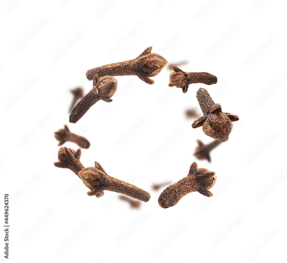 Fototapeta premium Clove seasoning levitates on a white background