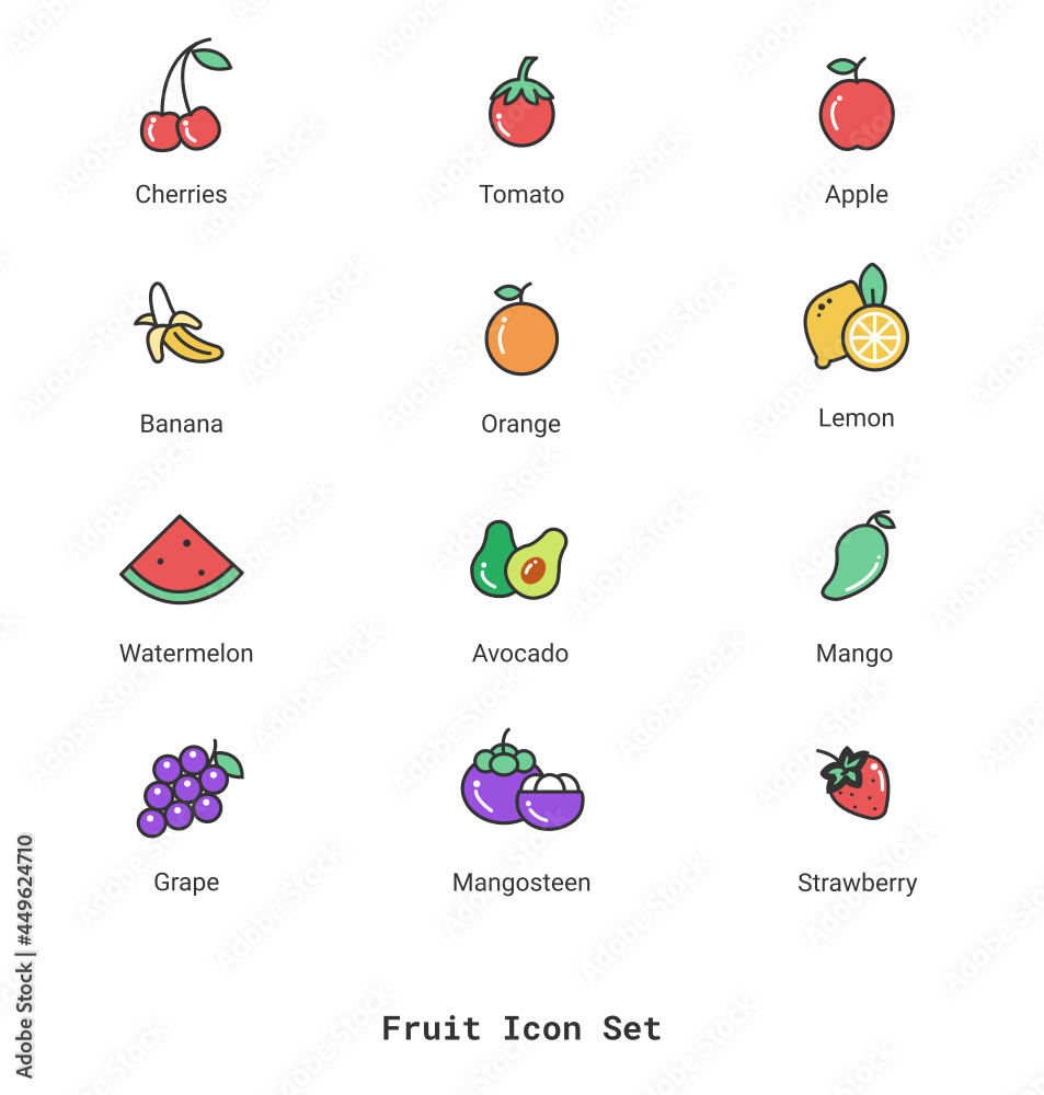 flat design fruits icon set. Banana,Mango,Orange,Grape,Lemon,Strawberry,Watermelon,Tomato flat design fruits icon set. Banana,Mango,Orange,Grape,Lemon,Strawberry,Watermelon,Tomato
