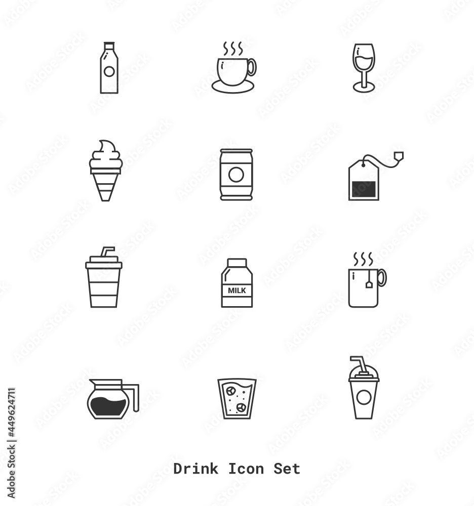 vector drinks and Beverages lines icons set grey on white background. Soda,tea,alcohol,bottle,milk,coffee,cappuccino,wine