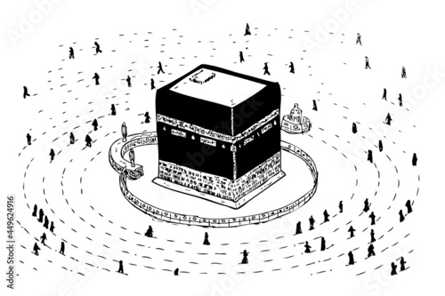 Kaaba in Mecca Saudi Arabia, Vector Simple manual hand draw sketch, isolated on white, during pandemic covid-19 photo