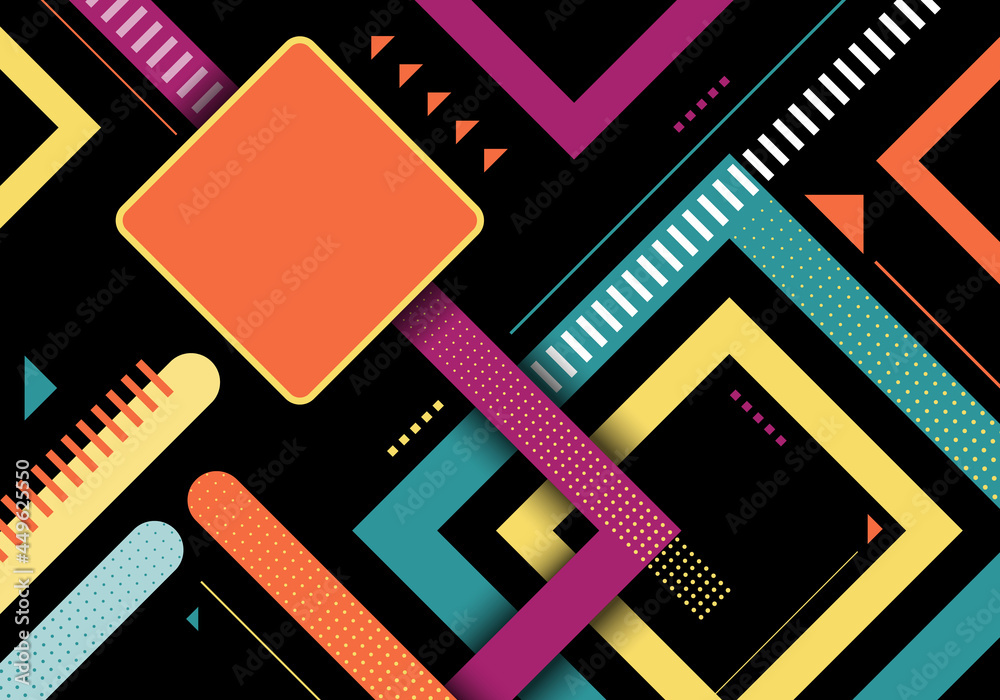 Abstract colorful geometric square shapes stripes pattern design on black background