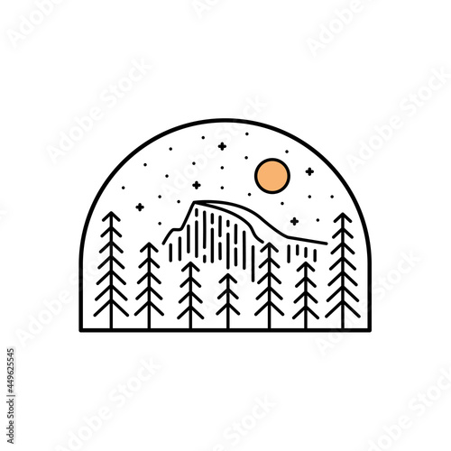 Vector illustration of Yosemite National park in mono line style art for badges, emblems, patches, t-shirts, etc.