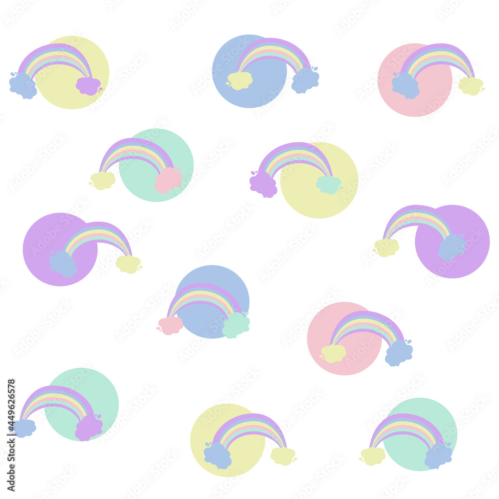Cute Trendy pastel colors seamless pattern of colorful rainbow and clouds in variety style more elements. Vector illustration in white background for t-shirt print, kids wear fashion design, baby card