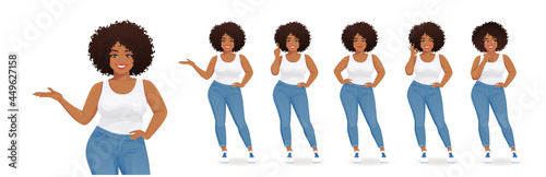 Young happy beautiful black plus size woman wearing jeans in different poses isolated vector illustration