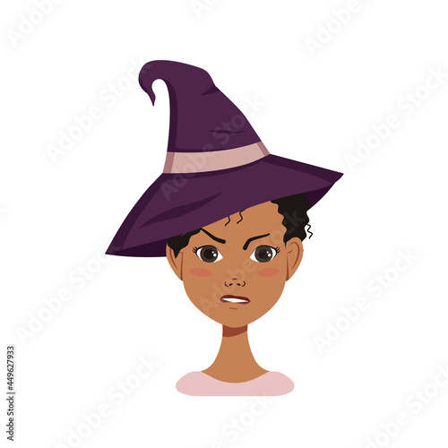 African American female avatar with black curly hair, angry emotions, furious face and pursed lips, wearing a witch hat. Halloween character in costume