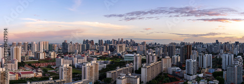Ultra wide image of Singapore skyline at sunset time.