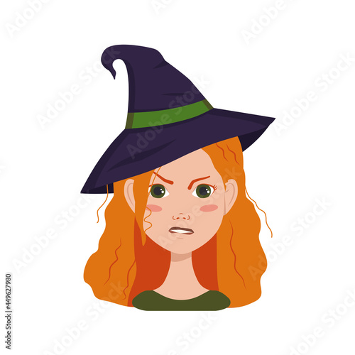 Avatar of a woman with red curly hair, angry emotions, furious face and pursed lips, wearing a witch hat. Girl with freckles in a suit for Halloween