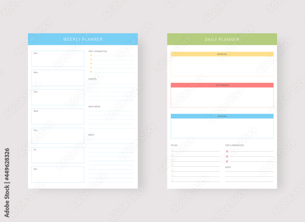 Modern planner template set. Set of planner and to do list. Daily and weekly planner template. Vector illustration. Modern planner template set. Set of planner and to do list. Daily and weekly planner template. Vector illustration.