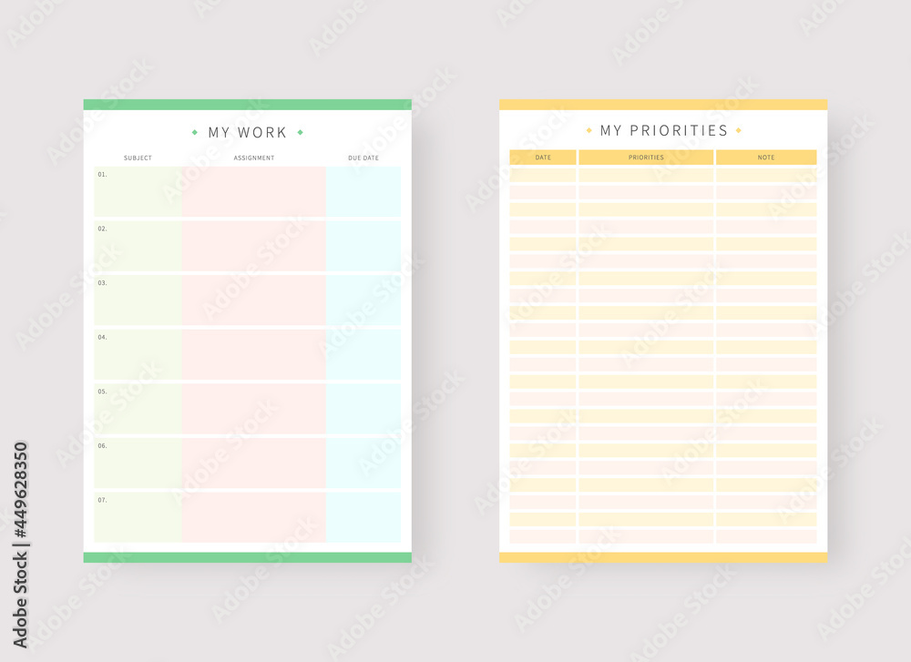 Modern planner template set. Set of planner and to do list. Work and priorities planner template. Vector illustration. Modern planner template set. Set of planner and to do list. Work and priorities planner template. Vector illustration.