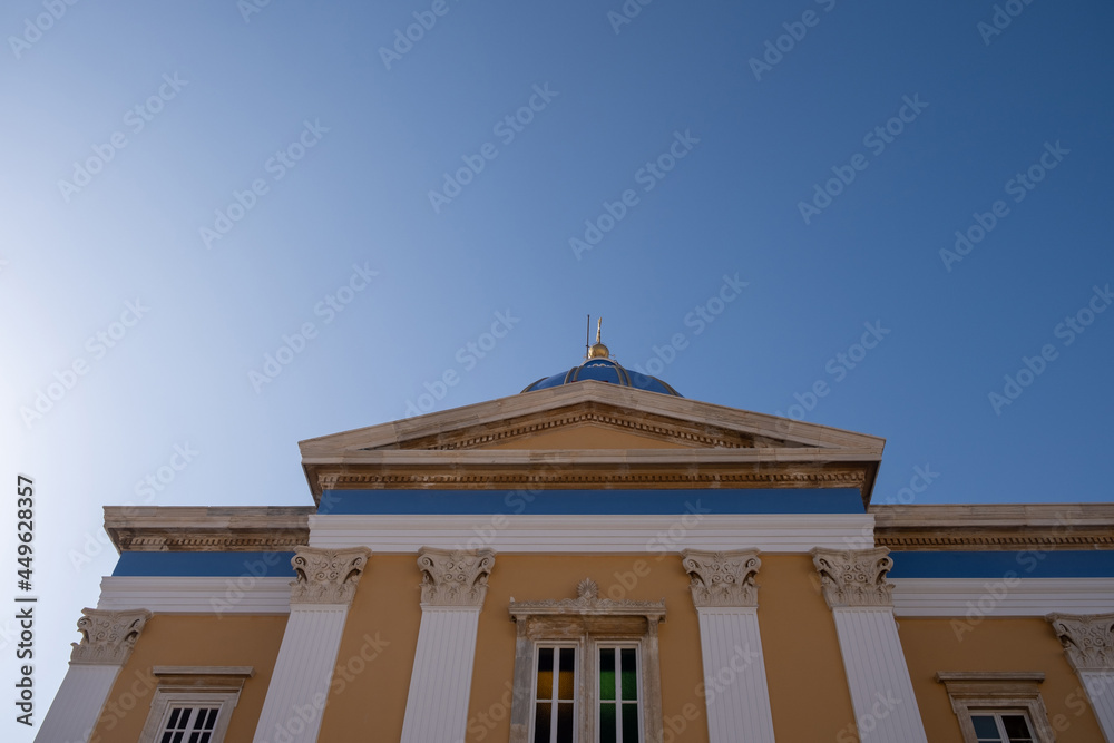 Agios Nikolaos under view of Greek Orthodox Church at Ermoupolis Syros island, Cyclades Greece.