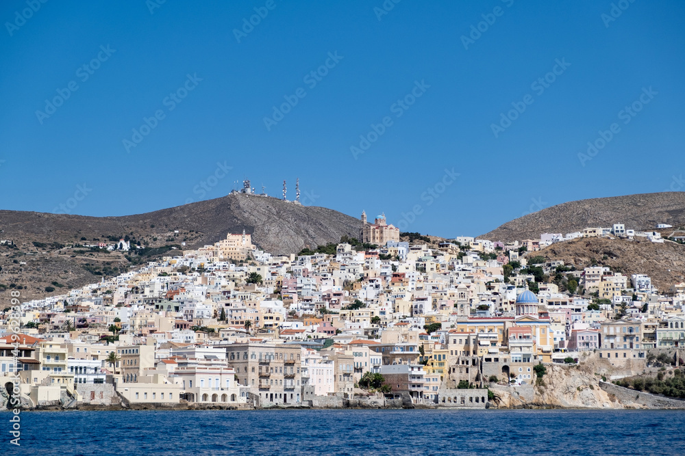 Syros island, Cyclades, Greece. Siros or Syra town background.