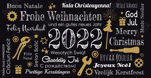 Weihnachtskarte 2022 schwarz gold weiß mit  internationalen Weihnachtsgrüßen auf Schultafel, Textwolke, Wortwolke, Texte als Wolke photo