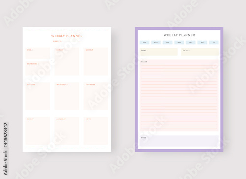 Modern planner template set. Set of planner and to do list. Weekly planner template. Vector illustration