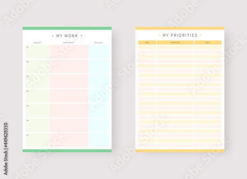 Modern planner template set. Set of planner and to do list. Work and priorities planner template. Vector illustration.