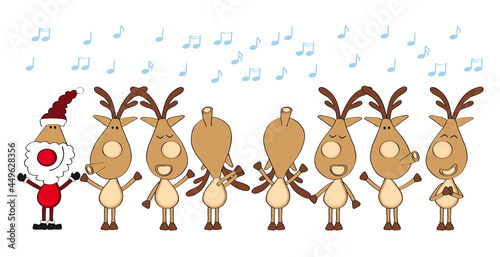 Rentiere singen und Weihnachtsmann dirigiert, Cartoon Vector Illustration isoliert