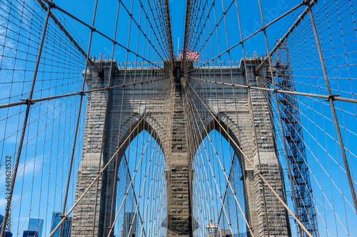 Brooklyn Bridge against blue sky