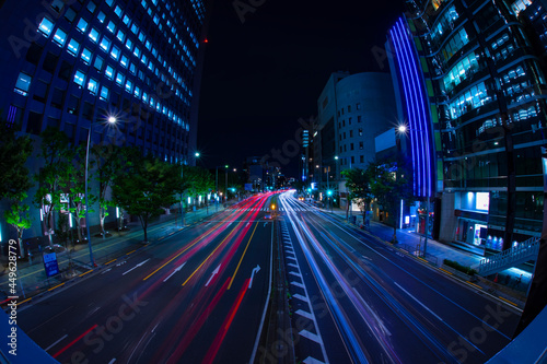 A night traffic jam at the city street in Aoyama fish eye shot