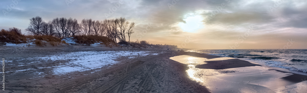 Panoramic view of the Baltic Sea coast on the Vistula Spit at the winter time
