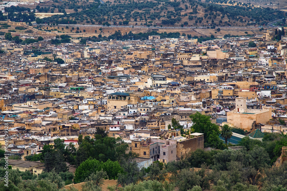 Aerial view of the Fez el Bali medina. Is the oldest walled part of Fez, Morocco. Fes el Bali was founded as the capital of the Idrisid dynasty between 789 and 808 AD.