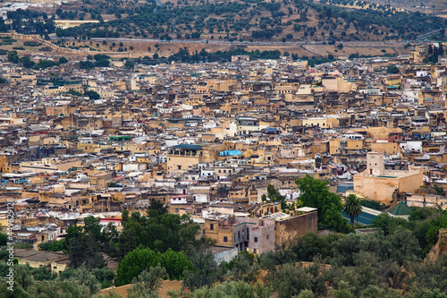 Aerial view of the Fez el Bali medina. Is the oldest walled part of Fez, Morocco. Fes el Bali was founded as the capital of the Idrisid dynasty between 789 and 808 AD. © Renar
