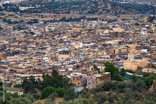 Aerial view of the Fez el Bali medina. Is the oldest walled part of Fez, Morocco. Fes el Bali was founded as the capital of the Idrisid dynasty between 789 and 808 AD.