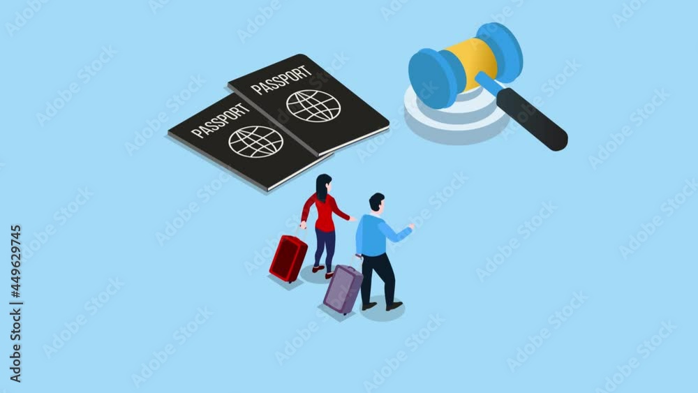 Two people walks with passport and gavel at airport Two people walks with passport and gavel at airport