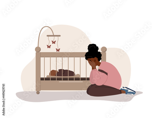 Postpartum depression. African tired woman is sitting on the floor near the cradle with a newborn baby. Young mother needs psychological help. Mood disorder. Vector illustration in flat cartoon style.