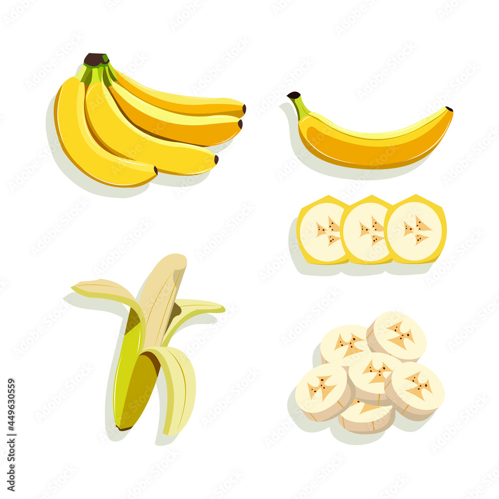 Vector illustration set of banana. A bunch of banana. Peeled and sliced banana. Healthy food for diet. Fruit for breakfast. Fruit for cook preparation.