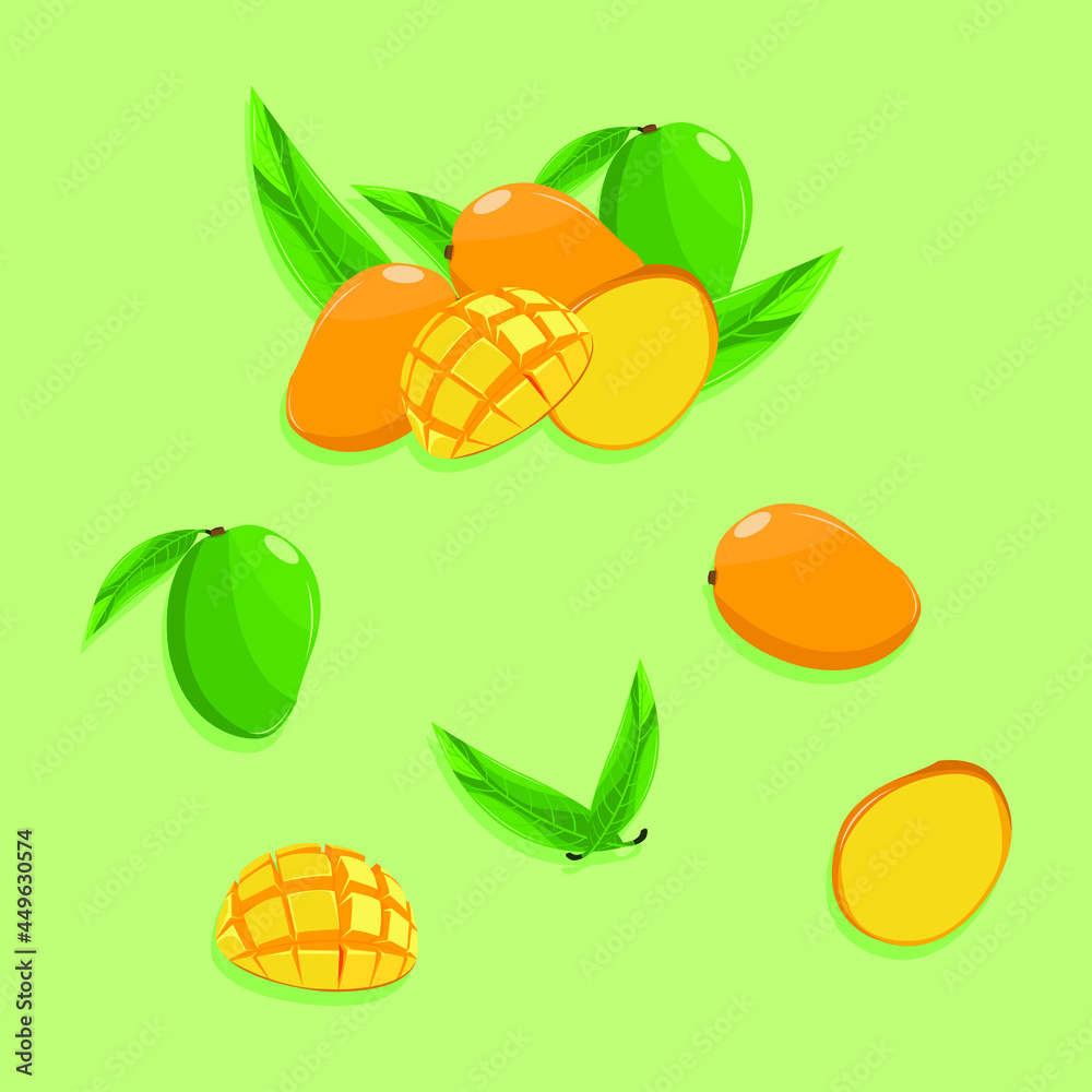Vector illustration set of mango. Orange and green mango with leaves
