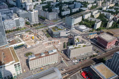 View of Berlin Alexanderplatz with the Berolina-Haus (left) the construction sites for new buildings, the former Haus des Lehrers, the Berlin Congress Centrum and the ALexa shopping center (right).