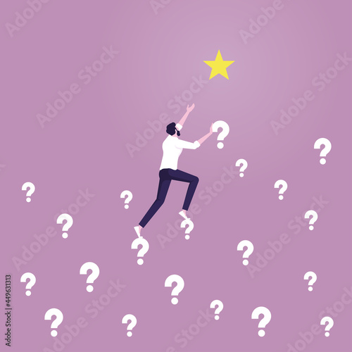 Businessman climbs the question marks sign to reach the star,Solve the problem to achieving goal vector concept