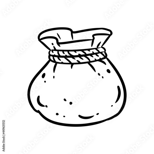 Treasure bag doodle image. Cute cartoon pouch logo. Media highlights graphic symbol