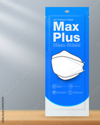 Sachet hygienic face mask packaging design 3D shape medical mask on wooden floor with gray background.Realistic file.