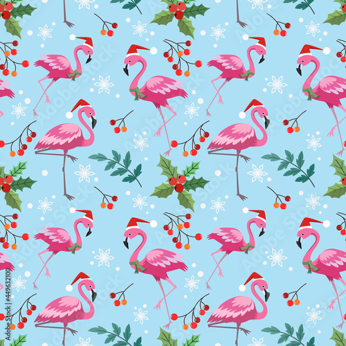 Cute flamingo with Christmas plant seamless pattern.