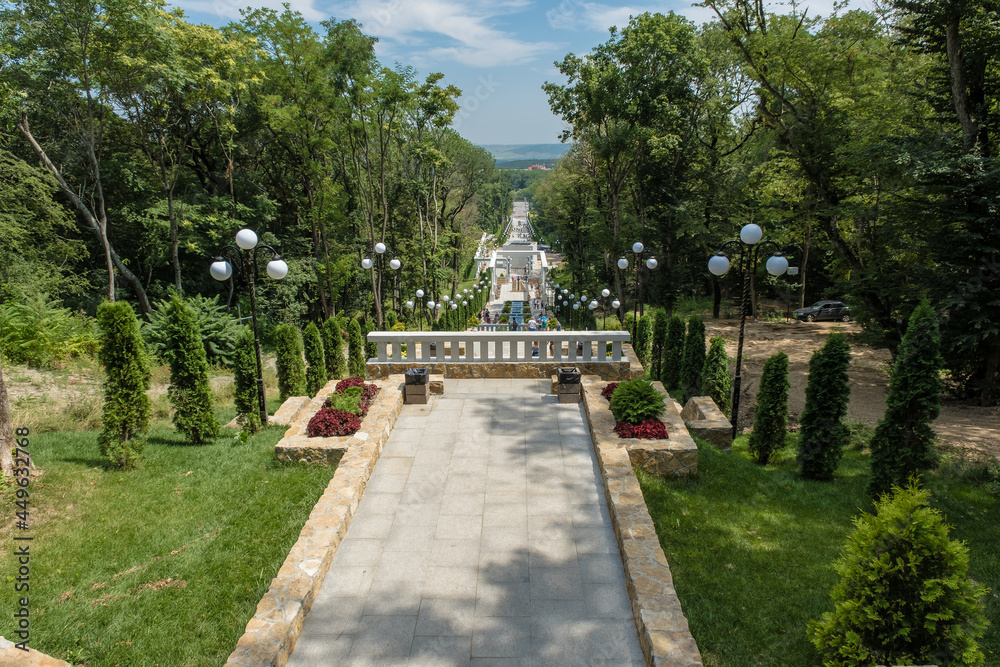 Top view of staircase with fountains and flower beds in resort park of the city Zheleznovodsk -  August 7, 2021 in Zheleznovodsk, Russia.