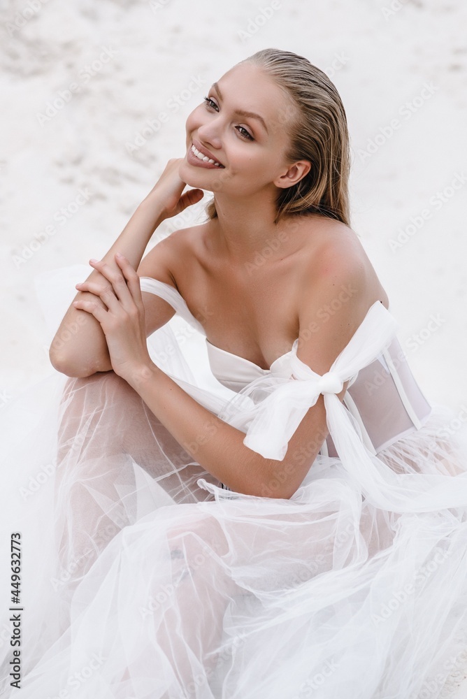Beautiful wedding bride day outdoors at ocean beach. Happy marriage couple o Beautiful wedding bride day outdoors at ocean beach. Happy marriage couple o