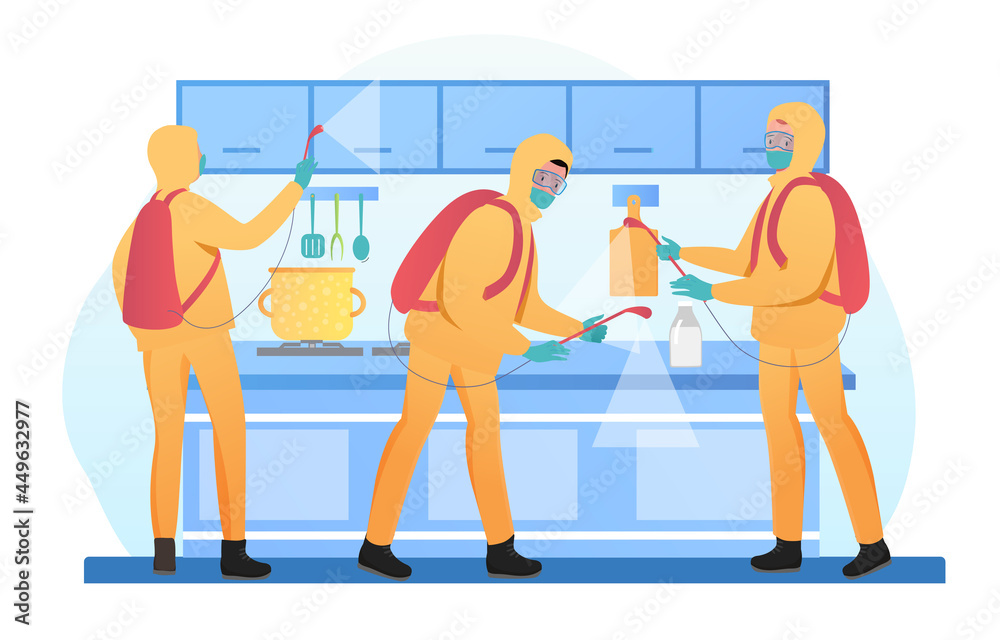 Disinfect and clean concept with a gloved hand spraying anti-bacterial spray from an atomiser bottle by sanitary inspection worker. Flat cartoon vector illustration design isolated on white background Disinfect and clean concept with a gloved hand spraying anti-bacterial spray from an atomiser bottle by sanitary inspection worker. Flat cartoon vector illustration design isolated on white background