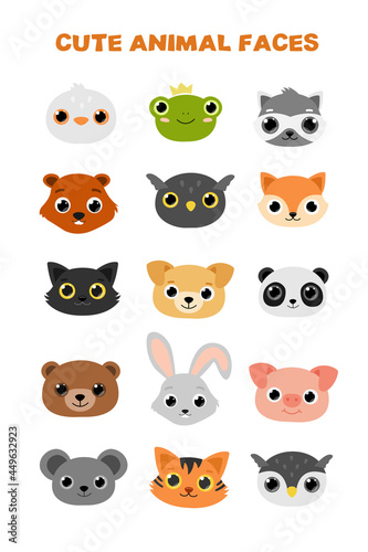 cute animal faces flat vector set illustration