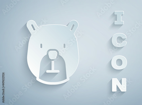 Paper cut Bear head icon isolated on grey background. Paper art style. Vector