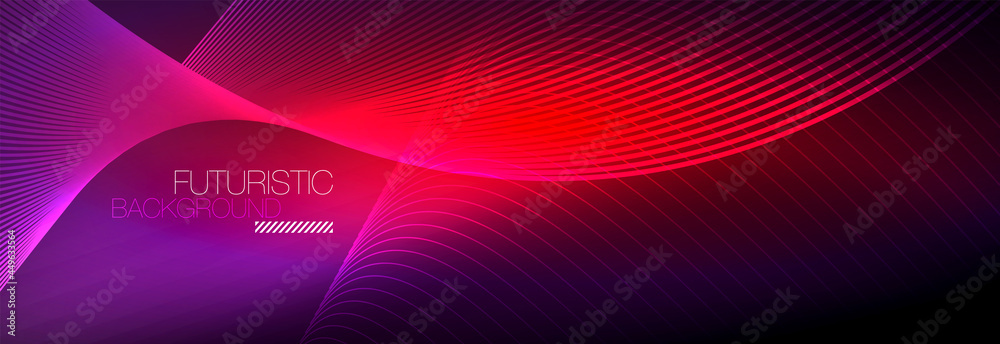 Abstract neon glowing light in the dark with waves. Shiny magic energy and motion concept, vector abstract wallpaper background Abstract neon glowing light in the dark with waves. Shiny magic energy and motion concept, vector abstract wallpaper background