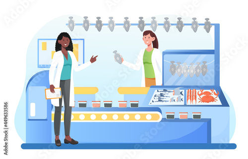 Production line of canned fish and preserves. Chain of specialized stores, family business. Street vendor booth and farm market food. Flat cartoon vector concept design isolated on white background