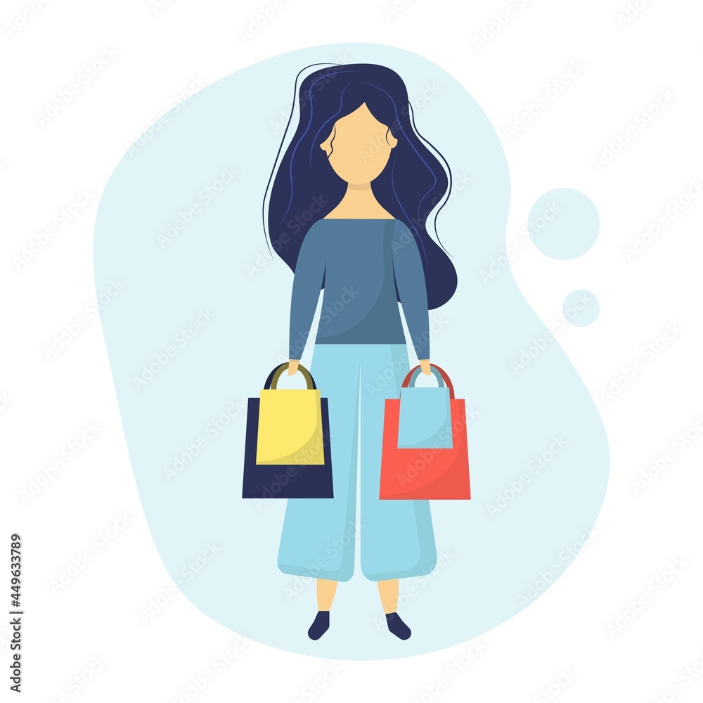  Cartoon character for sale or discount events .Buyer. Girl with shopping bags from the store. Sale. Vector illustration of a flat design
