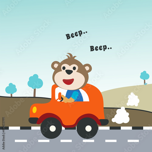Vector cartoon of funny tiger driving car in the road with village landscape. Can be used for t-shirt printing  children wear fashion designs  baby shower invitation cards and other decoration.