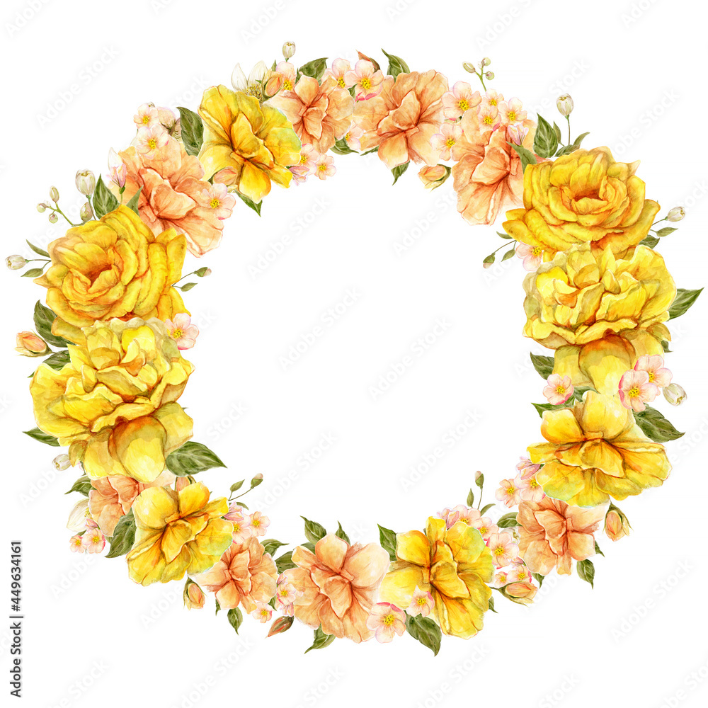 Yellow Roses Wreath - Watercolor Realistic circle with little jasmine ...