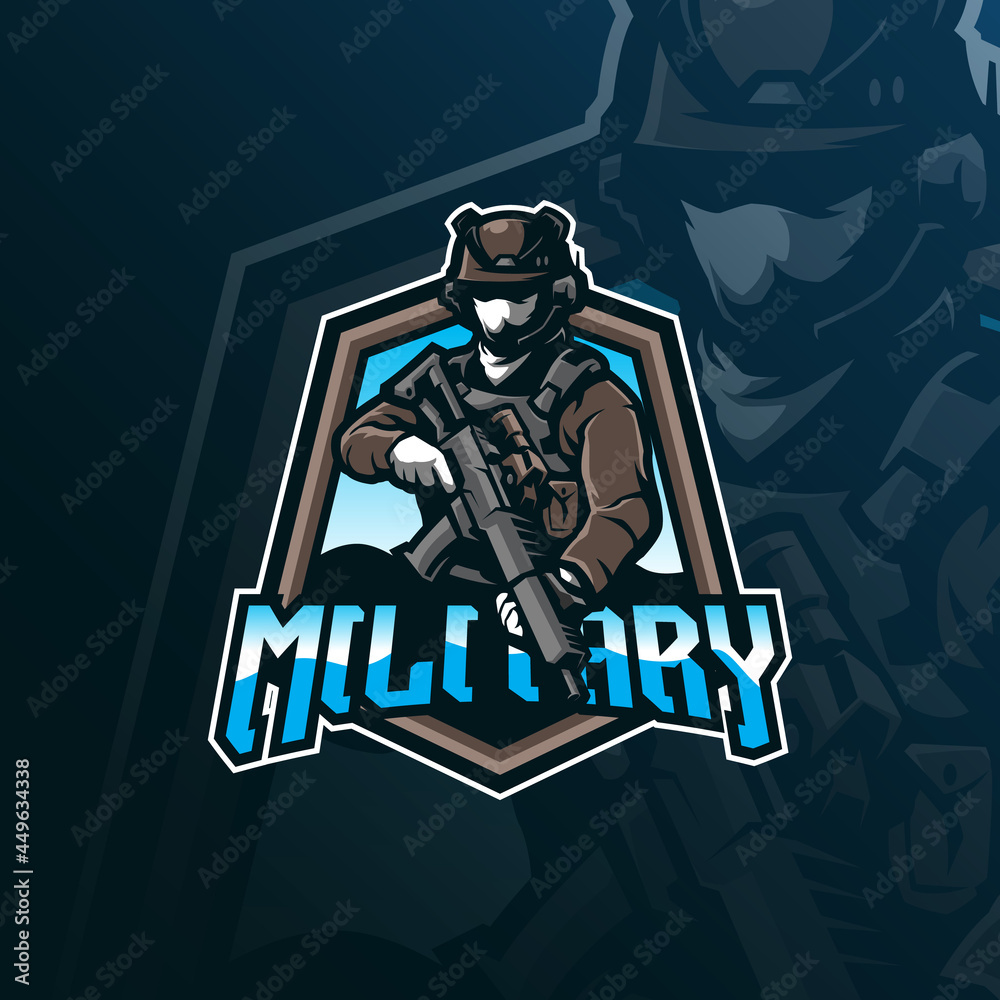 military mascot logo design vector with modern illustration concept style for badge, emblem and t shirt printing. military illustration with guns in hand.