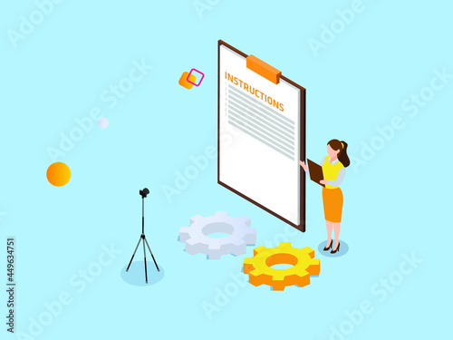 Instruction vector concept. Young woman explaining instruction step on the clipboard while while recording video by using camera for online video