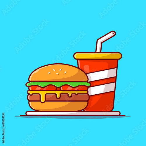 Burger And Soda Cartoon Vector Icon Illustration. Food And Drink Icon Concept Isolated Premium Vector. Flat Cartoon Style