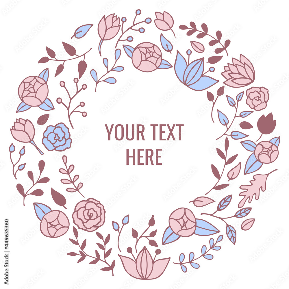 Beautiful round frame made of floral elements, flower arrangement, botanical
composition, spring concept. Vector template for happy birthday greeting cards, wedding invitations. Beautiful round frame made of floral elements, flower arrangement, botanical
composition, spring concept. Vector template for happy birthday greeting cards, wedding invitations.